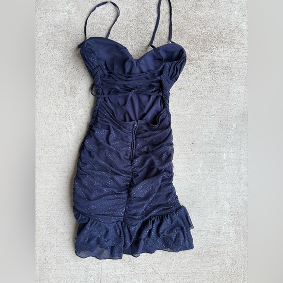 Navy Blue Ruffle Glittery Mesh Ruched Mini Dress - Picture 6 of 7
